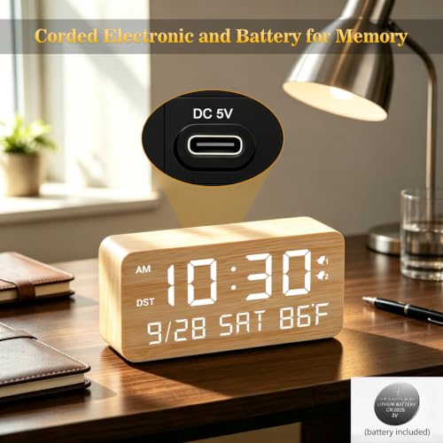 Premium Wooden Digital Alarm Clock with USB Charging Ports, Dimmable LED Display, Date, Day of Week, Temperature, DST, Clocks for Bedrooms, Desk, Nightstand, Bedside, Table, Office, Living Room Decor - color: Rectangle - Bamboo
