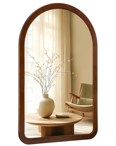 Arched Mirror 30 x 48 Inch,Walnut Brown Wood Rustic Bathroom Tempered Wall Mirror with Wood Frame,Round Corner Arch Farmhouse Wooden Vanity Mirror for Living Room,Entryway or Bedroom - color: Walnut B, size: 48"L x 30"W