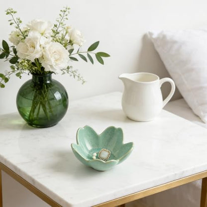 Mecaikru Ceramic Jewelry Tray, 3.5 in Flower Ring Dish with Gift Box & Card - color: dark green