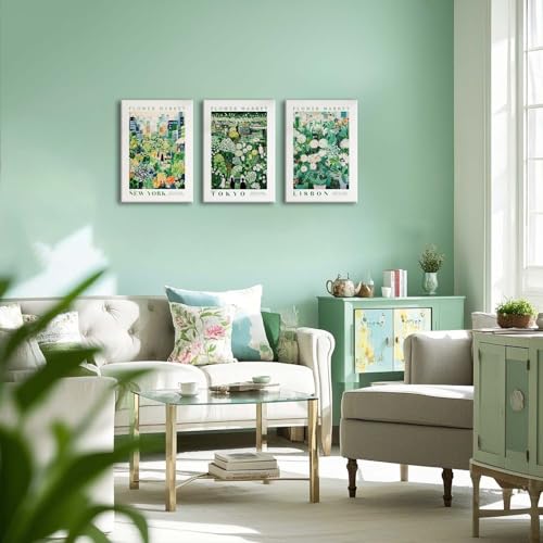 XLARTMY Flower Market Wall Art Prints Canvas Green Yellow White Floral Paintings Colorful Botanical Travel Flower Posters for Home Decor Pictures Set of 3 for Living Room Bedroom 12x16in - color: Flower Market GReen, size: 12x16in Canvas