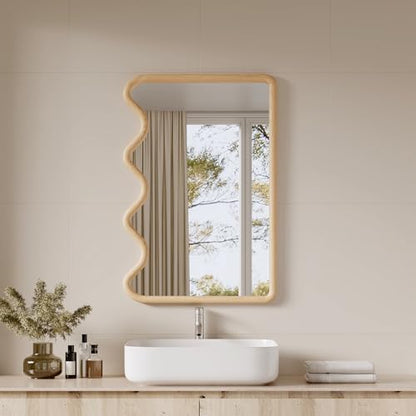 ULIKE 벽용 웨이브 거울, 61x91.4cm(24x36인치) 나무 프레임, 내추럴 - color: 웨이브 우드