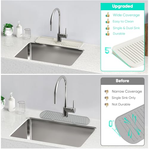 17.7inch Faucet Mat for Kitchen Sink [5°Slope Fast Self-draining] Faucet Mat Kitchen Sink Splash Guard Silicone Sink Splash Guard Kitchen Sink Area Tidy Splash Faucet Guard Draining Mat-Beige - color: Beige, size: 17.7" x 5.5"