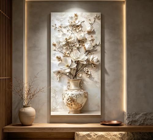Large White Floral Canvas Wall Art Gold Vase Flower Painting Picture Wall Decor Flowers Botanical Poster Print Artwork for Living Room Bedroom Hallway Office - color: White flowers, size: 48"L x 24"W
