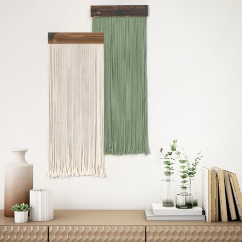 LB Beige Light Green Macrame Wall Hanging Set of 2, 12x31 Inch - color: Light Green Beige