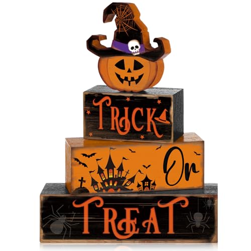 4 Pcs Halloween Table Decor Pumpkin Hat Wooden Sign for Home - style: Witch Pumpkin