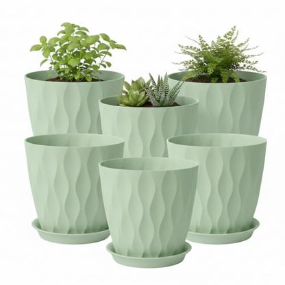 8 Inch Plastic Plant Pots for Plants with Drainage Holes and Saucer, 6 Pack - color: Green 8 Inch