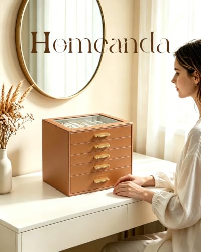 Homeanda Jewelry Boxes Organizer with Glass Lid, 5-Layer PU Leather, Brown - color: Brown, size: 5 Layer