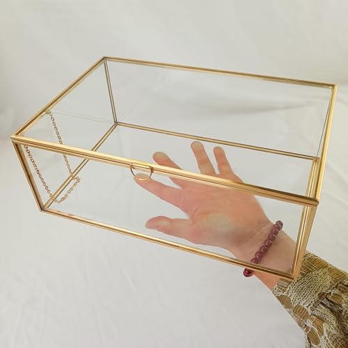 Glass Jewelry Display Box, Card Box with Hinged Lid, Gold Keepsake Box - color: Gold, size: Large