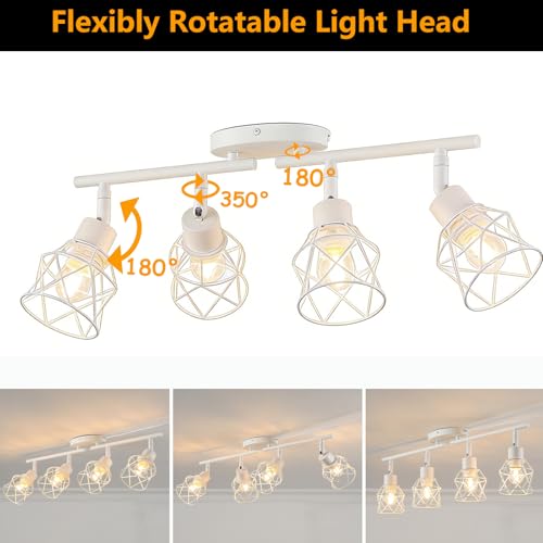 Dimmable Plug in Ceiling Light,Plug in Track Lighting,4 Light White Industrial Farmhouse Ceiling Light with 16.5' Cord,Adjustable Rotatable Cage Lamp Heads,E26 Base(Bulbs Not Included) - color: 4 Light White