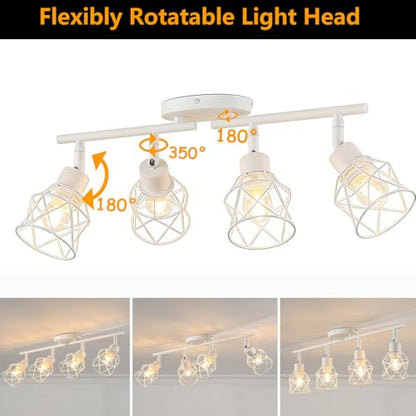 Dimmable Plug in Ceiling Light,Plug in Track Lighting,4 Light White Industrial Farmhouse Ceiling Light with 16.5' Cord,Adjustable Rotatable Cage Lamp Heads,E26 Base(Bulbs Not Included) - color: 4 Light White