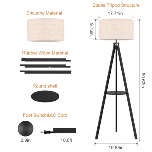 LEPOWER Shelf Floor Lamp Tripod Mid Century Modern Lamps for Living Room - color: Black Holder