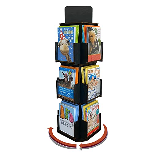 Rotating Greeting Card Display Stand, 3 Tier Wooden Organizer, 4-Sided Display Rack 360 Degree Spinning Multi-Pocket Display for Coasters, Stickers, Retail, Showcase, Tradeshow (Ebony) - color: Ebony