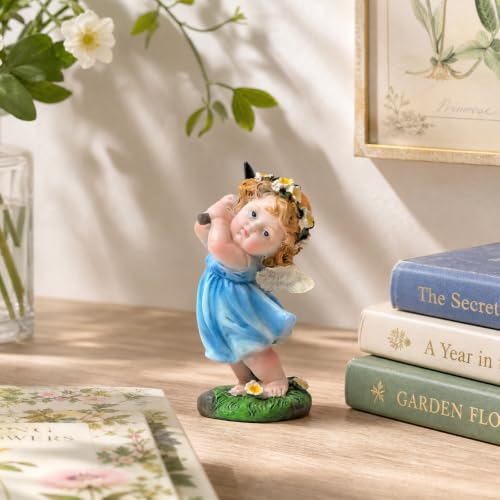 XJar Garden Fairy Figurine, Hand Painted Resin Yard Decor Statue - color: Flower Fairy Gardener-blue