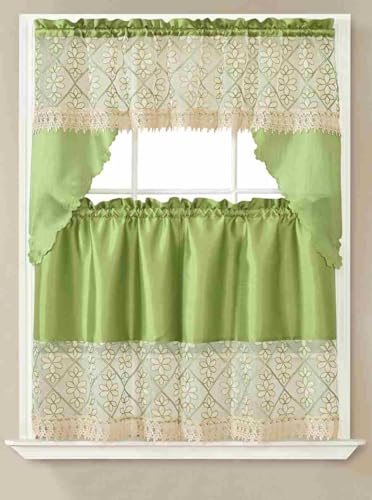 Generic 3-Piece Set Embroidered Window Curtain 2 Panels 1 Valance for Kitchen Restaurant Bar BR (Lime Green BR-39) - color: Lime Green Br-39