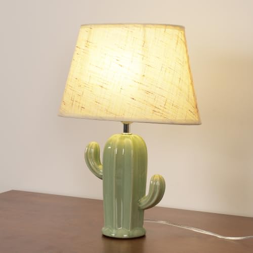 Cactus Desk Lamp, Modern Night Light with Fabric Lampshade, Ceramic Base, Adorable Bedside Table Lamp for Bedroom Nightstand