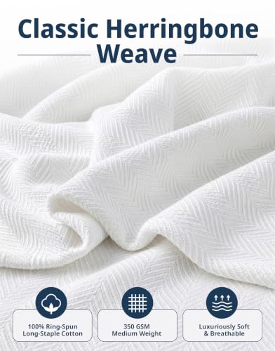 LANE LINEN Queen Size Blankets for Bed, 100% Cotton Herringbone Weave - color: 01: White, size: Queen