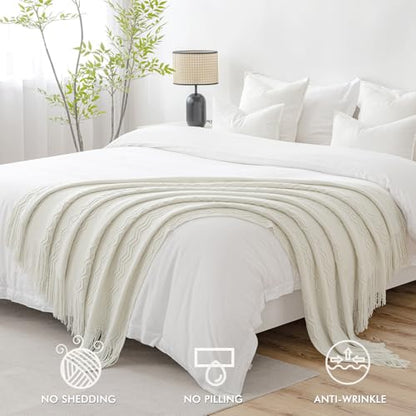 MIULEE Cream White Knitted Boho Throw Blanket for Couch 50"x60" - color: Cream White, size: 50" x 60"