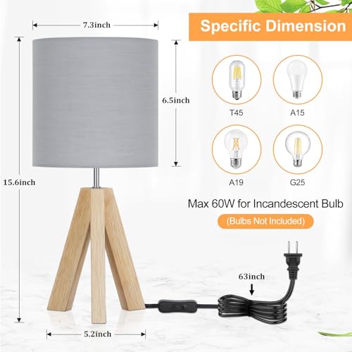 Brightever Small Bedside Table Lamp, Wooden Tripod Modern Table Lamp with Grey Linen Fabric Shade, Farmhouse Nightstand Lamp for Living Room, Bedroom, Home, Nursery, Office - color: Gray