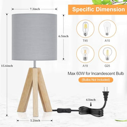 Brightever Small Bedside Table Lamp, Wooden Tripod Modern Table Lamp with Grey Linen Fabric Shade, Farmhouse Nightstand Lamp for Living Room, Bedroom, Home, Nursery, Office - color: Gray