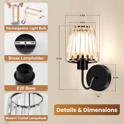 Crystal Battery Operated Wall Sconces Set of Two for Bedroom, Black - color: Black