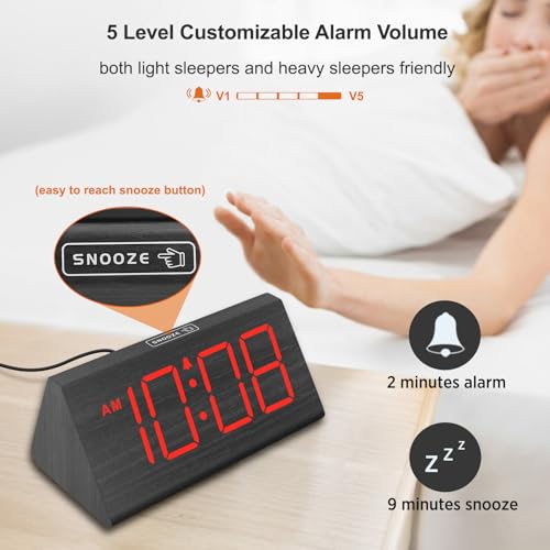 DreamSky Wooden Digital Alarm Clock for Bedrooms with Large Numbers - color: Red