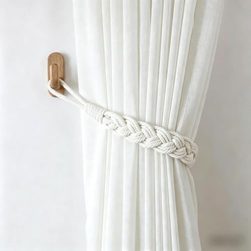 Home Queen Hand Braided Curtain Tieback, Buckle Holdback Drapery Curtain Tie Back, 2 Rope Cotton Belt Curtain Tie with 2 Metal Hooks, White - color: White, size: 2PC