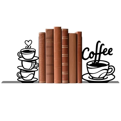 Metal Bookends Coffee Bookends Decorative Cute Book Ends for Shelves Bookshelf Home Office Desk Reading Decor Bookshelf Decor for Book Lovers Gift - color: Black - 1 Pair Coffee Cup