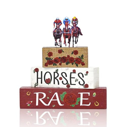Smile Horses and Races Wooden Block Decor Jockey HORSES RACES Rose Tiered Tray Tabletop Signs for Horse Racing Party Decorations - style: Jockey