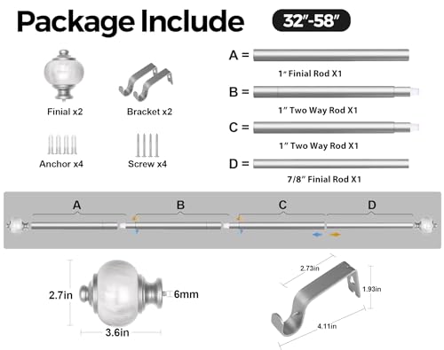 KAMANINA 1 Inch Curtain Rods 32 to 58 Inch, Silver Adjustable Drapery Rods - color: Light Silver, size: 32-58"