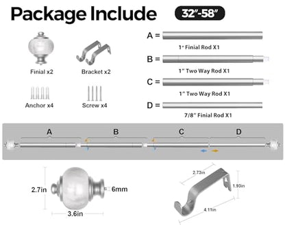 KAMANINA 1 Inch Curtain Rods 32 to 58 Inch, Silver Adjustable Drapery Rods - color: Light Silver, size: 32-58"
