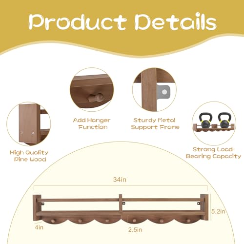 34Inch Nursery Book Shelves Wall Mounted, Floating Book Shelf for Kids Coat Rack with 6 Hooks, Wall Hanging Shelf for Baby Nursery Room Organizer ，Patent Number:US-D1058229-S(4, Light Brown) - color: Light Brown