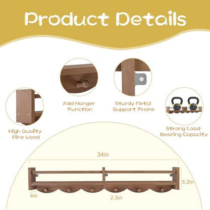 34Inch Nursery Book Shelves Wall Mounted, Floating Book Shelf for Kids Coat Rack with 6 Hooks, Wall Hanging Shelf for Baby Nursery Room Organizer ，Patent Number:US-D1058229-S(4, Light Brown) - color: Light Brown