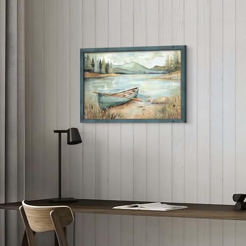 HILL WEST Country Lake Boat Landscape Framed Wall Art, 24x16inch - color: Boat, size: 24"L x 16"W