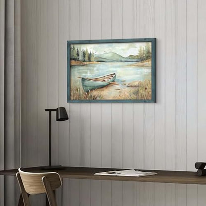HILL WEST Country Lake Boat Landscape Framed Wall Art, 24x16inch - color: Boat, size: 24"L x 16"W