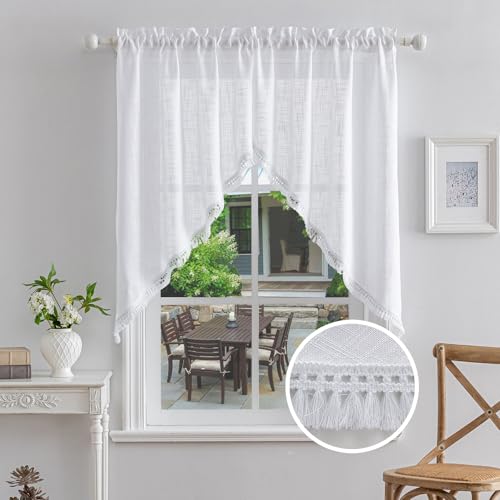 Beda Home Tassel Linen Textured Swag Curtain Valance, White, 36 x 45 in - color: White, size: 36"W x 45"L (Pack of 2)