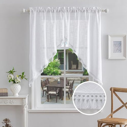 Beda Home Tassel Linen Textured Swag Curtain Valance, White, 36 x 45 in - color: White, size: 36"W x 45"L (Pack of 2)