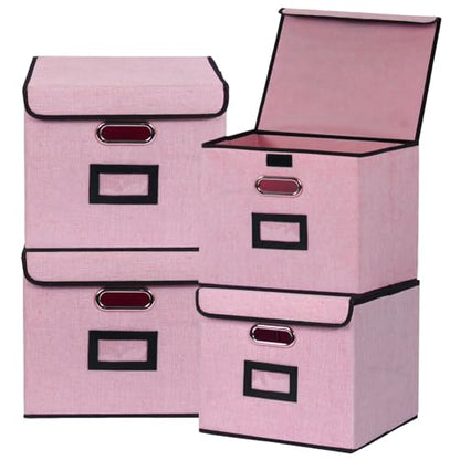 Large Square Storage Bin with Lid, Foldable Organizer Box with Handles & Label Design, for Office, Closet, Home, Documents, Pink, 12.20 x 10.63 x 10.63 Inches, 4 Pack - color: Pink, style: Square - 4 Packs