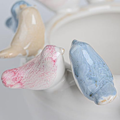 Stoneware Planter with Colorful Birds on Rim, Reactive Glaze Decorative