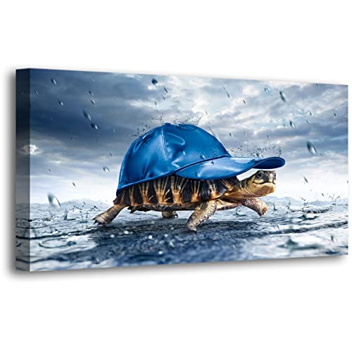 Haichuang Decor Art Funny Turtle Canvas Wall Art 40x20 Inches Framed Turtle with Blue Cap Wall Decor Wood Frame Waterproof HD Giclee Print Ready to Hang Humor Animal Artwork for Living Room Bedroom Bathroom - color: Blue Lovely Sea Turtle, size: 40"L x 20