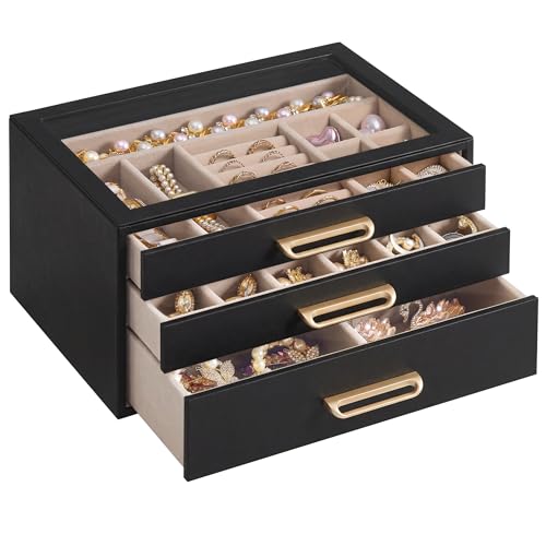 SONGMICS 3-Layer Jewelry Box with Glass Window, 3 Drawers, Golden Handles - color: Black, size: 3-Tier