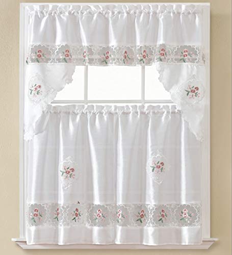 B&H Home Sydney Floral Embroidered 3-Piece Kitchen Curtain Window Treatment Set (Sydney White) - color: Sydney White