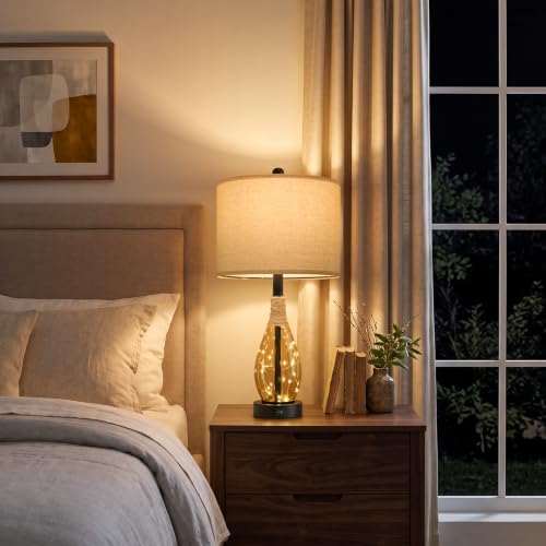 OYEARS 23" Table Lamps for Living Room Set of 2 Bedside Lamps for Night Stands Bedroom Lamps Farmhouse Rattan Boho Lamp Glass Nightlight End Table Lamp,Two Light Points - color: Tea Brown