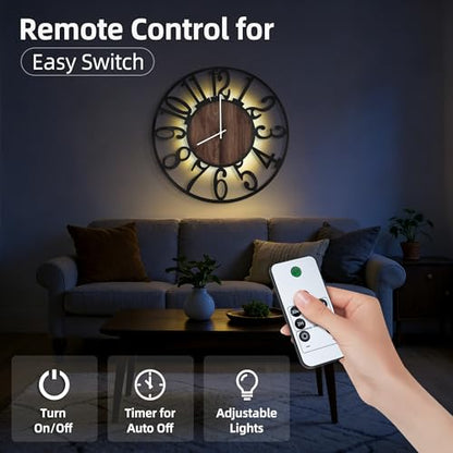 30" Silent Large Wall Clock – Adjustable Night Light, Battery Operated - color: Black Walnut - Arabic Numerals, size: 30 inch(76 cm)