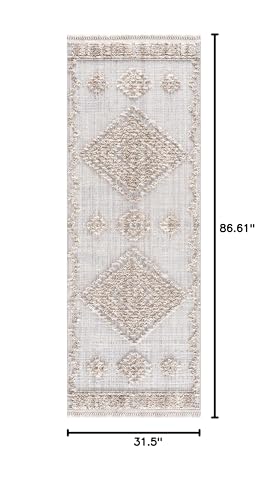 Hauteloom Aria Modern Moroccan Medallion Farmhouse Hallway, Entryway Runner Rug - High Low - High Pile Long Carpet - Cream, Beige, Brown, Beige - 2'7" x 7'3" - color: Charcoal, Cream, Beige / Ampusungan, size: 2'8" x 7'3" (Runner)