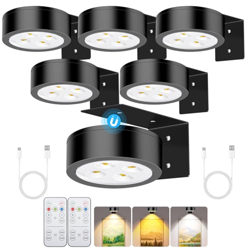 Rechargeable Battery Painting Light Picture Lights with Remote Control, Magnetic LED Art Lights for Framing, Dimmable and Timer-Equipped, 3 Lighting Modes,6Pack Black - color: Black, size: 6 Pack