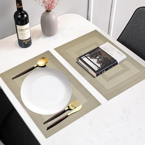 PIGCHCY Placemats Heat Resistant Non Slip Plastic Table Mats Washable Easy to Clean Woven Vinyl Kitchen Durable Placemats for Dining Table Set of 4 (Beige) - color: Box: Deep Beige, size: 4 Placemats