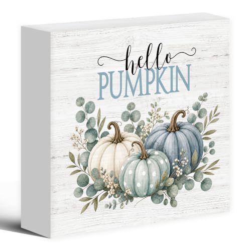Hello Pumpkin Fall Eucalyptus Botanical Wood Box Sign Desk Decor 5X5 - color: Sage Green & Blue