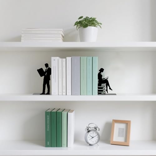 Metal Bookends Lovers Reading Book Ends for Shelves - color: Black - 1 Pair Couple Reading Book