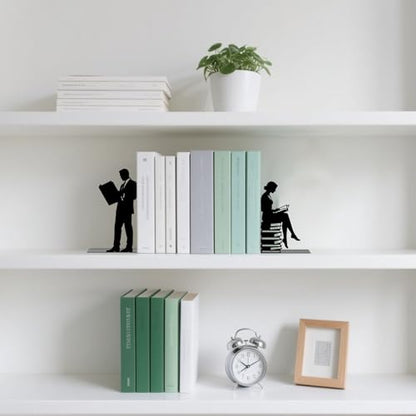 Metal Bookends Lovers Reading Book Ends for Shelves - color: Black - 1 Pair Couple Reading Book