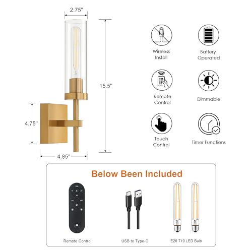 Gold Battery Operated Wall Sconce Set of 2, Wireless Wall Sconces with Remote Control, Rechargeable LED Dimmable Wall Light for Bedroom Bathroom Hallway Living room Entryway Stairwell, 3000K - color: Gold & Clear Glass, size: Battery 16 Inch
